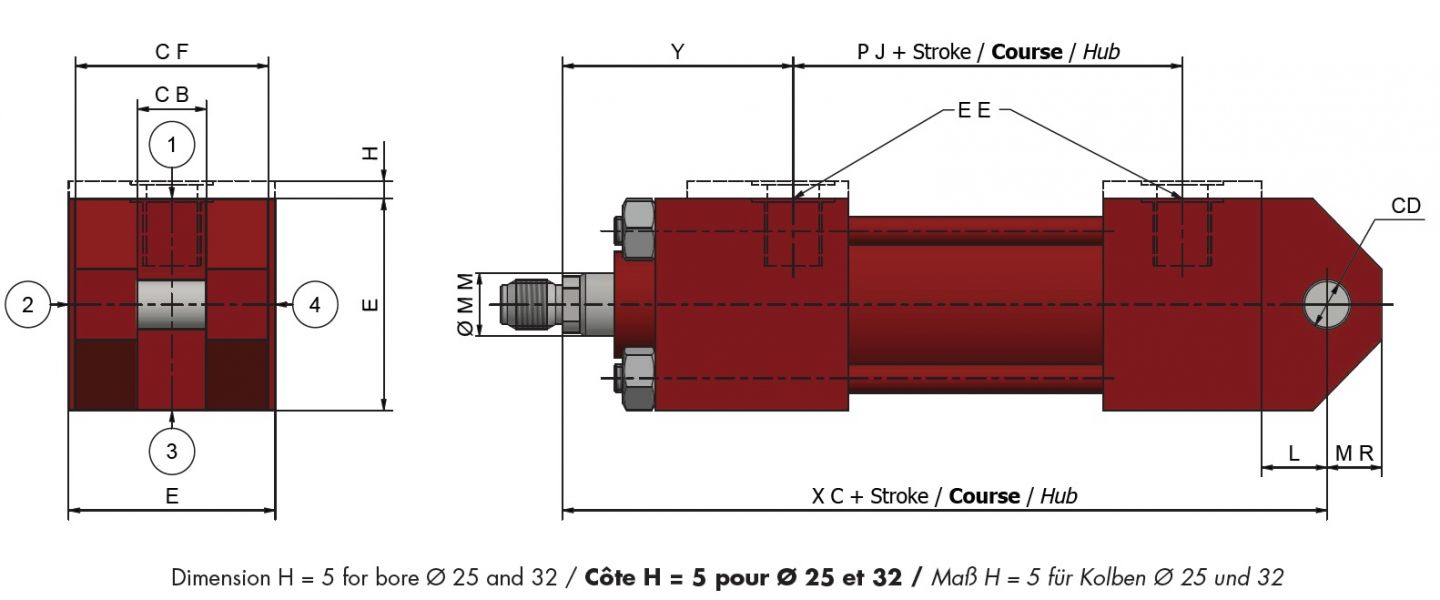 Siłownik Hydrauliczny H160CO mocowanie MP1 SZKIC