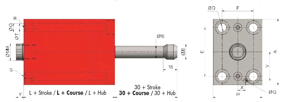 Siłownik hydrauliczny FPA z mocowaniem M8 SZKIC