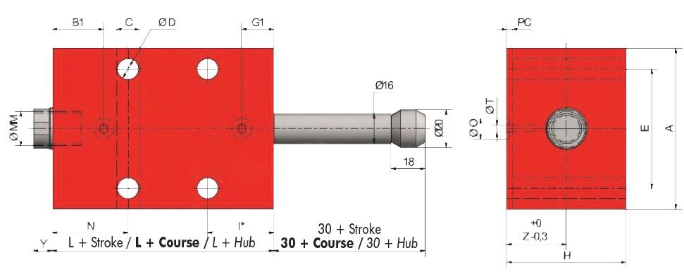 Siłownik hydrauliczny FPA z mocowaniem M3 SZKIC